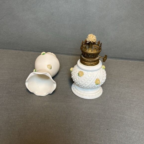 Vintage Miniature Opaline Hobnail Milk Glass Oil Lamp With UV Yellow Roses - Picture 8 of 10